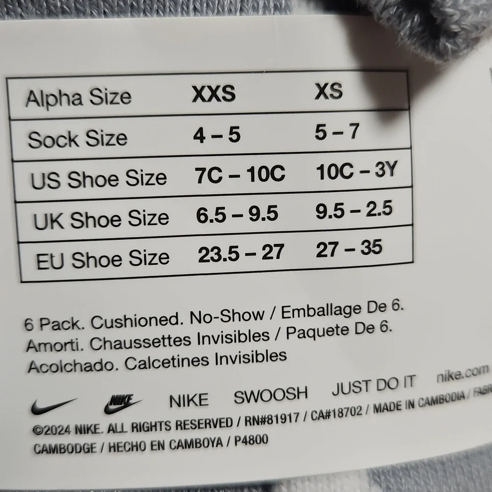NIKE YOUTH 6 PACK SOCKS: PINK/GRAY/WHITE: NEW IN PACK: SIZE XXS (7C-10C)